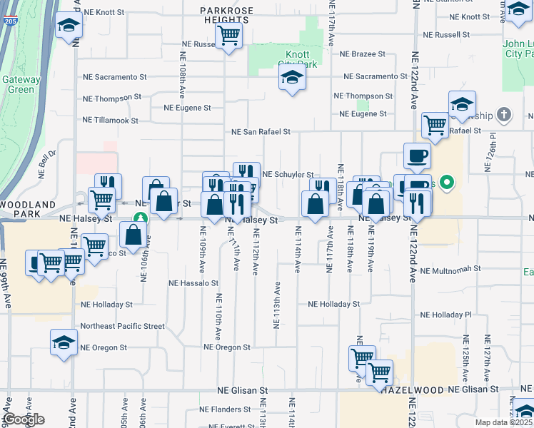 map of restaurants, bars, coffee shops, grocery stores, and more near 342 Northeast 112th Avenue in Portland
