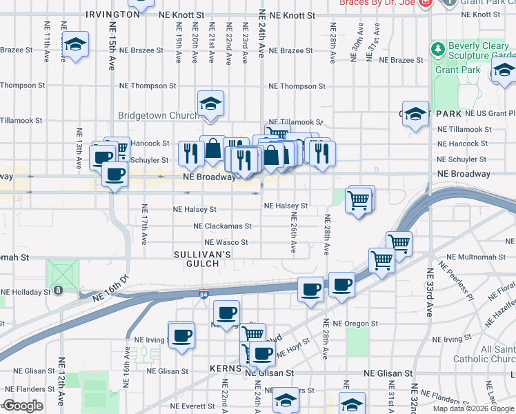 map of restaurants, bars, coffee shops, grocery stores, and more near 1525 Northeast 24th Avenue in Portland