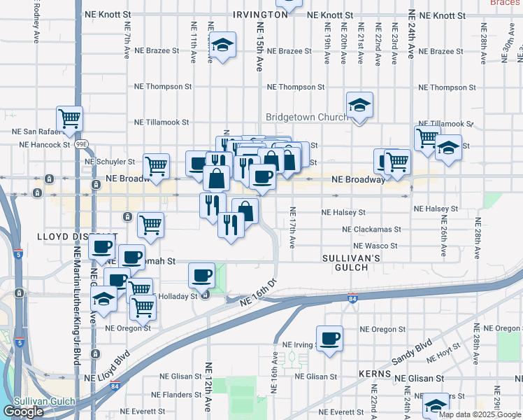 map of restaurants, bars, coffee shops, grocery stores, and more near 1501 Northeast 15th Avenue in Portland