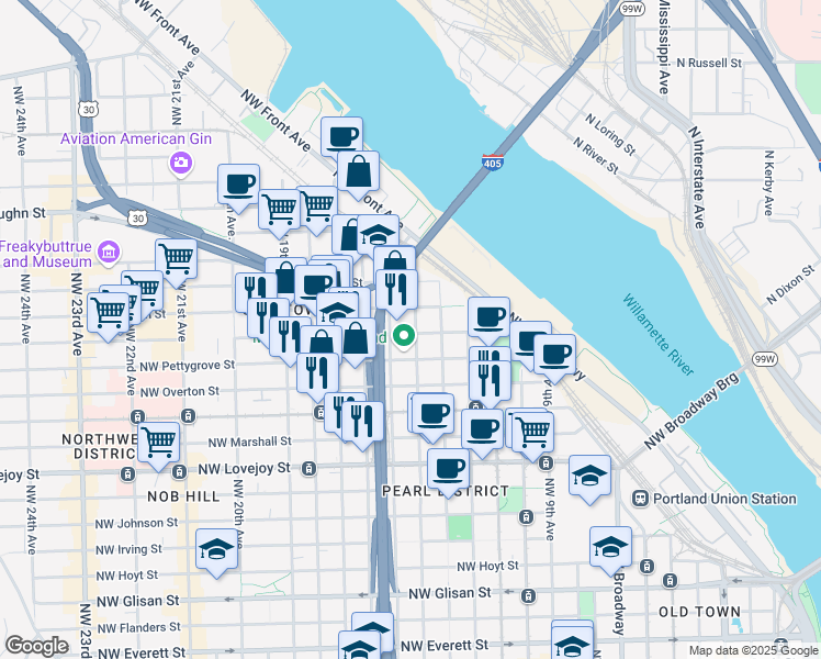 map of restaurants, bars, coffee shops, grocery stores, and more near 1450 Northwest Raleigh Street in Portland