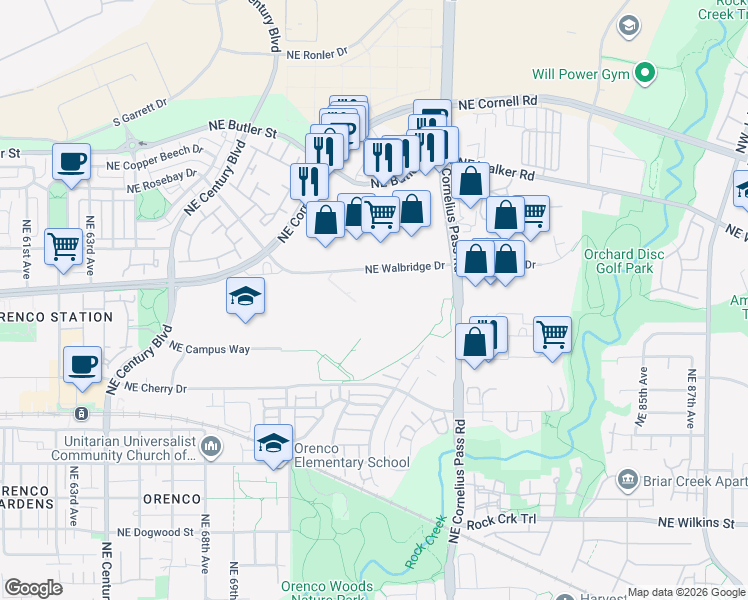 map of restaurants, bars, coffee shops, grocery stores, and more near 2025 Northeast Cornelius Pass Road in Hillsboro