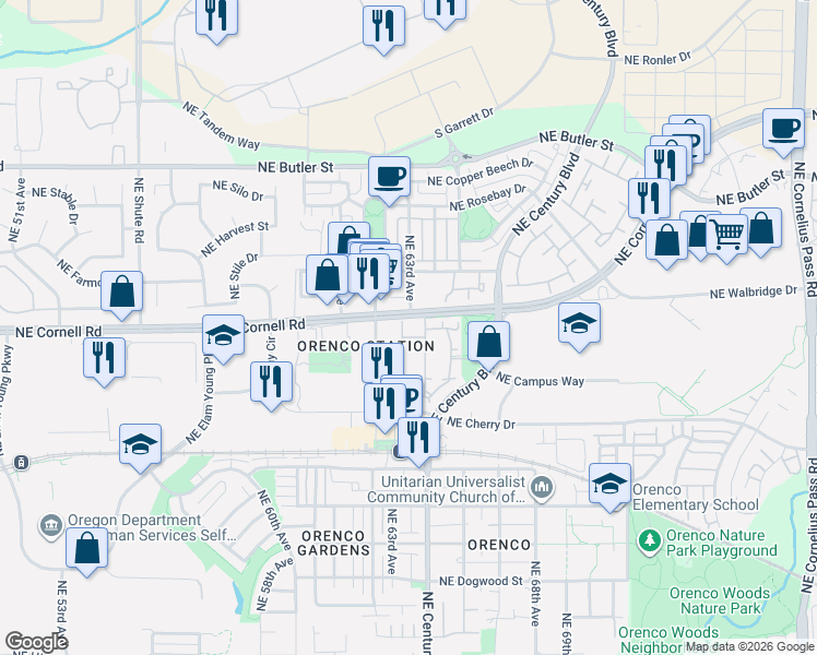 map of restaurants, bars, coffee shops, grocery stores, and more near 6243 Northeast 63rd Way in Hillsboro