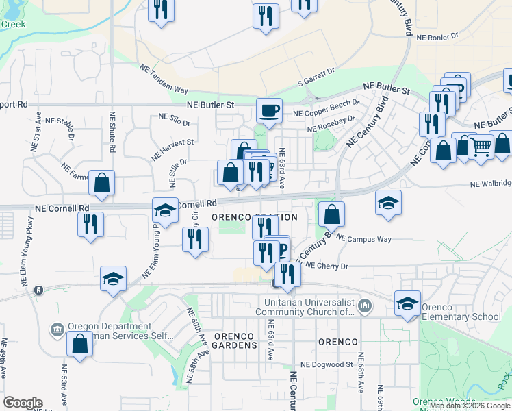 map of restaurants, bars, coffee shops, grocery stores, and more near 6113 Northeast Cornell Road in Hillsboro