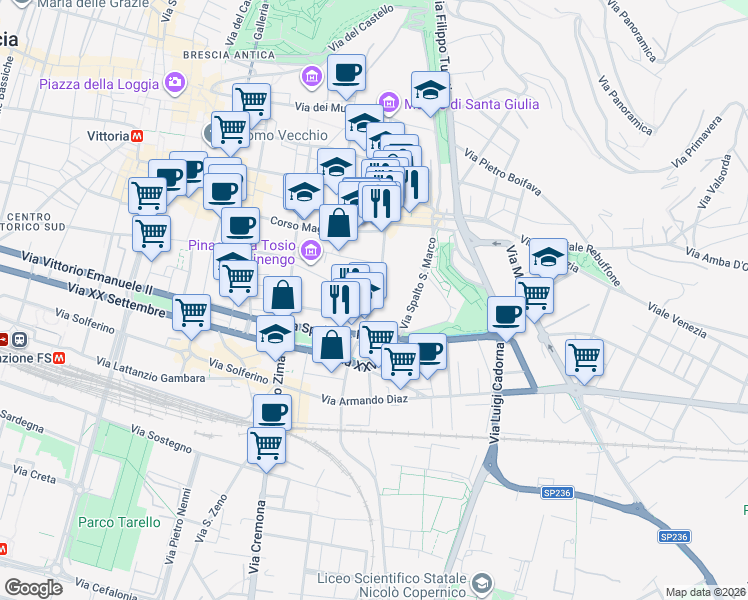 map of restaurants, bars, coffee shops, grocery stores, and more near 6 Via Antonio Callegari in Brescia
