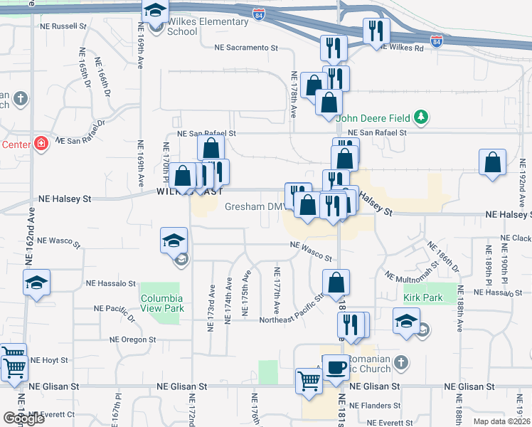 map of restaurants, bars, coffee shops, grocery stores, and more near 17720 Northeast Halsey Street in Portland