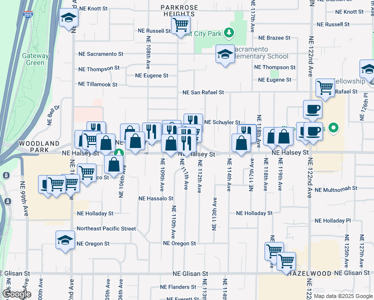 map of restaurants, bars, coffee shops, grocery stores, and more near 11110 Northeast Weidler Street in Portland