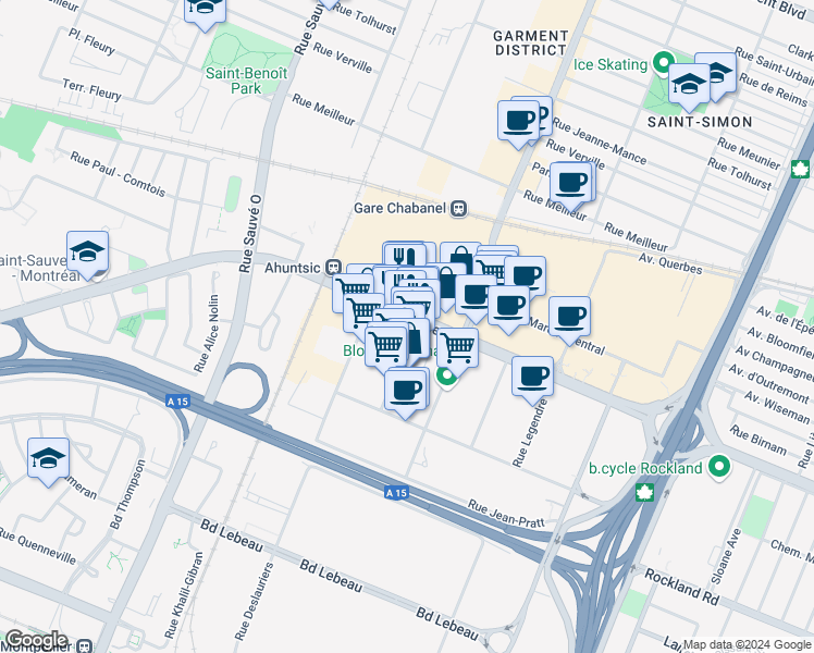 map of restaurants, bars, coffee shops, grocery stores, and more near 9422 Boulevard de l'Acadie in Montréal