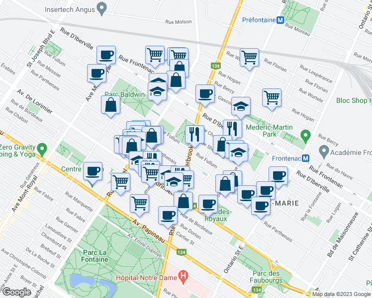 map of restaurants, bars, coffee shops, grocery stores, and more near 3400 Rue Fullum in Montréal