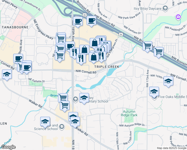 map of restaurants, bars, coffee shops, grocery stores, and more near 18060 Northwest Cornell Road in Beaverton