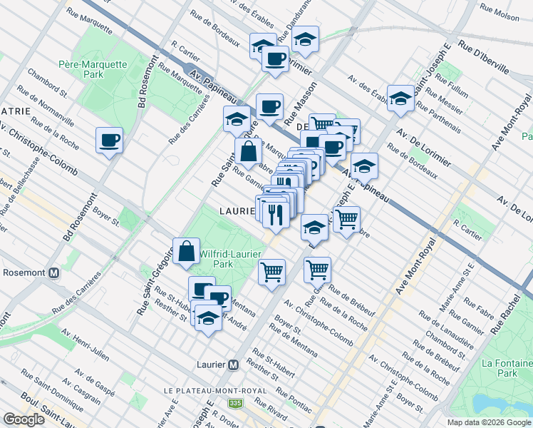 map of restaurants, bars, coffee shops, grocery stores, and more near 5162 Rue de Lanaudière in Montréal