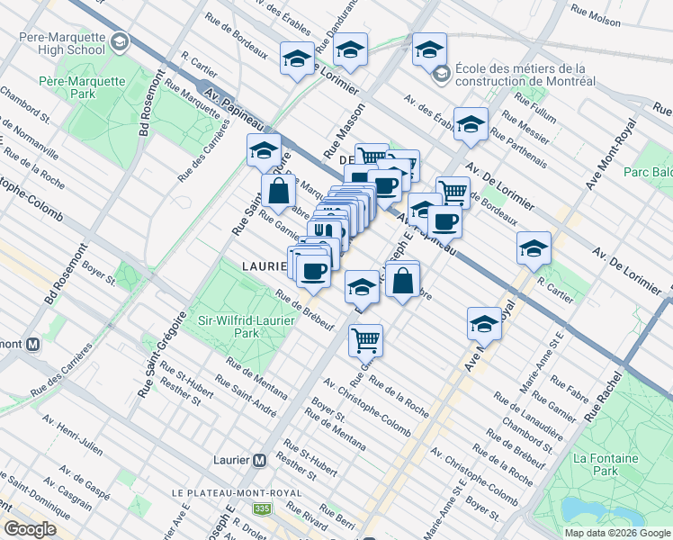 map of restaurants, bars, coffee shops, grocery stores, and more near 1414 Avenue Laurier Est in Montréal