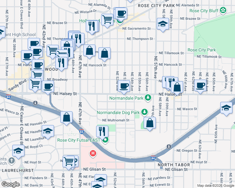 map of restaurants, bars, coffee shops, grocery stores, and more near NE Halsey St & NE 52nd Ave in Portland
