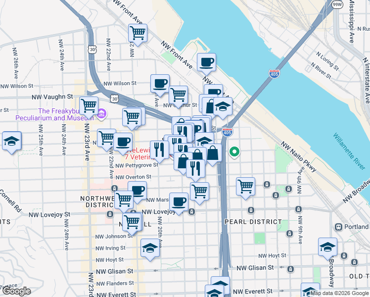 map of restaurants, bars, coffee shops, grocery stores, and more near 1885 Northwest Quimby Street in Portland