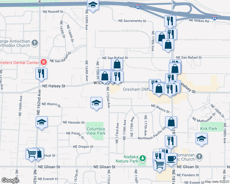 map of restaurants, bars, coffee shops, grocery stores, and more near 17234 Northeast Halsey Street in Portland