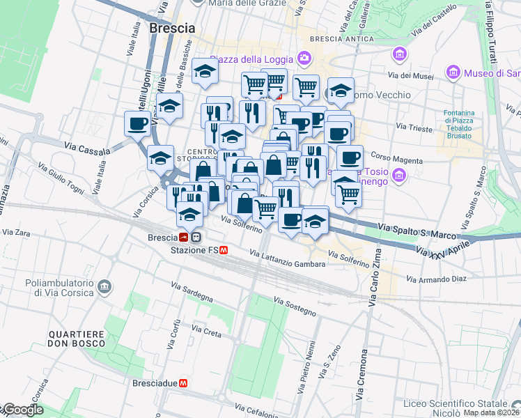 map of restaurants, bars, coffee shops, grocery stores, and more near 4 Via Romanino Gerolamo in Brescia
