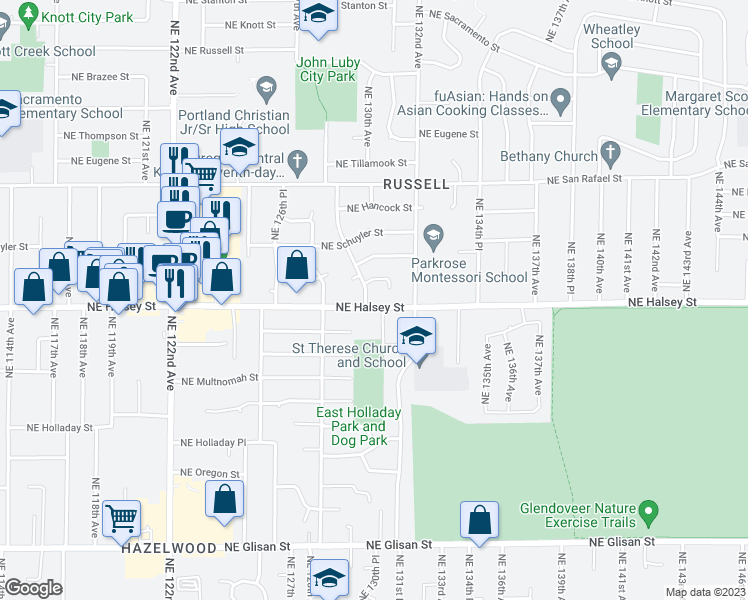 map of restaurants, bars, coffee shops, grocery stores, and more near 1516 Northeast 129th Place in Portland