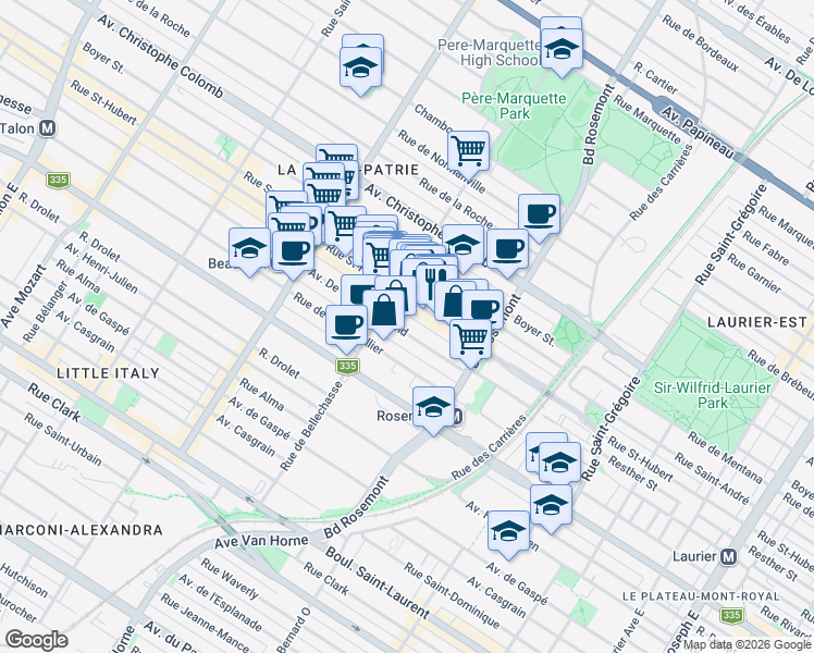 map of restaurants, bars, coffee shops, grocery stores, and more near 6033 Avenue De Chateaubriand in Montréal