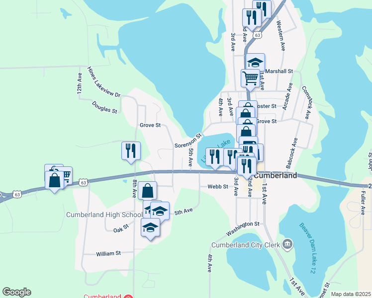 map of restaurants, bars, coffee shops, grocery stores, and more near 1285 5th Avenue in Cumberland