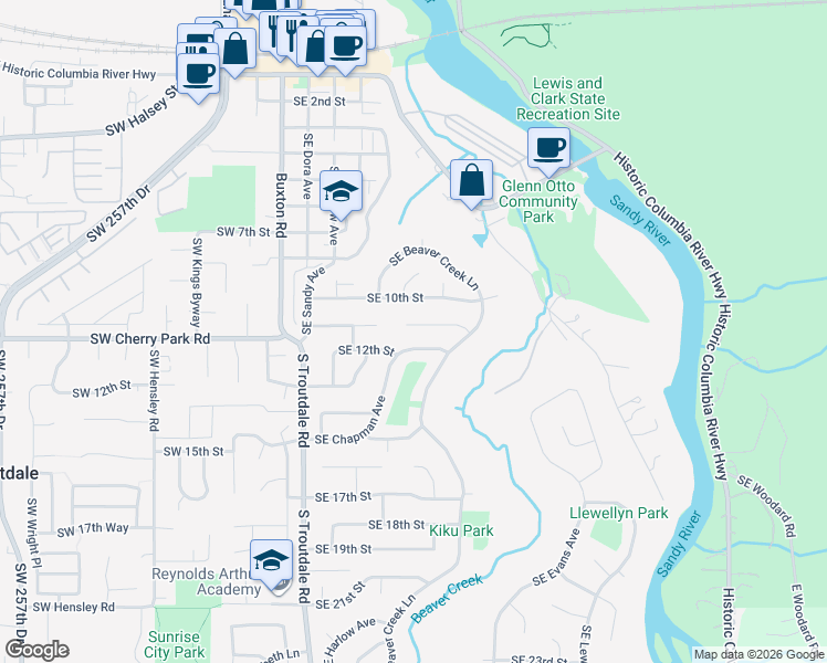 map of restaurants, bars, coffee shops, grocery stores, and more near 583 Southeast 11th Circle in Troutdale