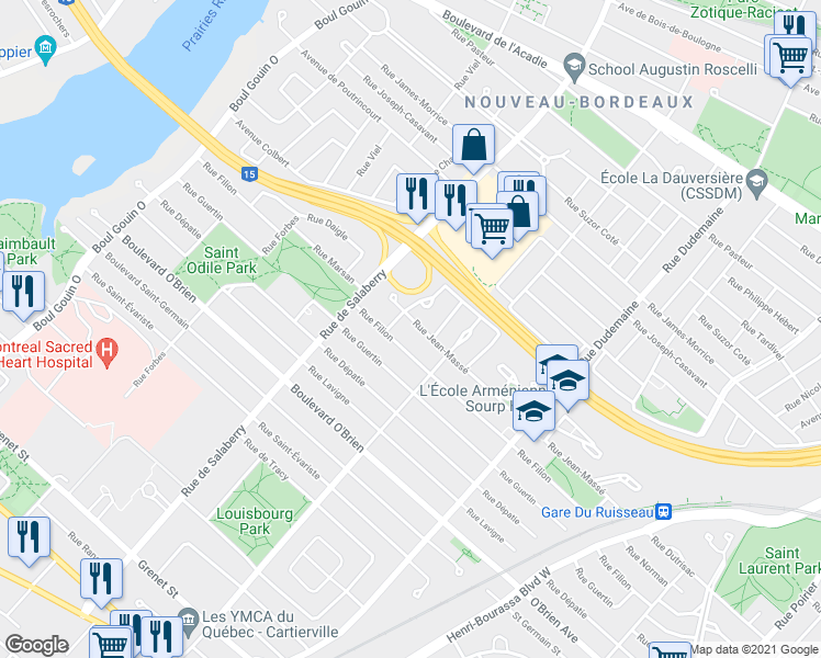 map of restaurants, bars, coffee shops, grocery stores, and more near 11910 Rue Jean-Massé in Montréal