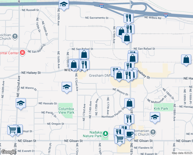 map of restaurants, bars, coffee shops, grocery stores, and more near 17420 Northeast Halsey Street in Portland