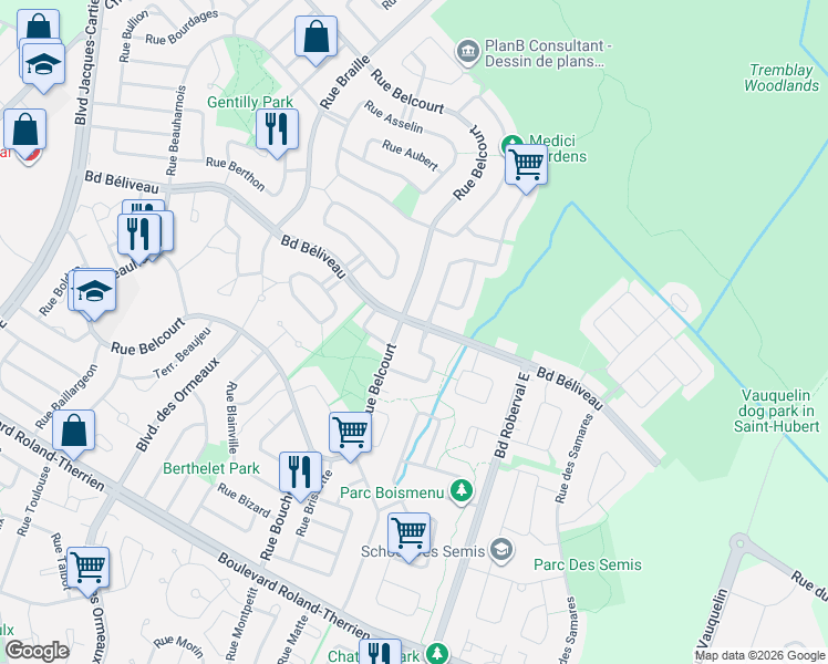 map of restaurants, bars, coffee shops, grocery stores, and more near 3076 Boulevard Béliveau in Longueuil