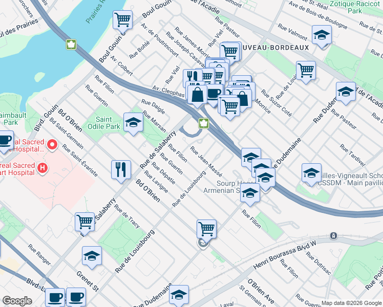 map of restaurants, bars, coffee shops, grocery stores, and more near 11910 Rue Jean-Massé in Montréal