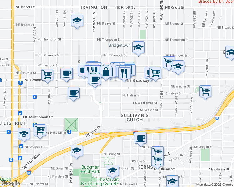 map of restaurants, bars, coffee shops, grocery stores, and more near 1811 Northeast Halsey Street in Portland