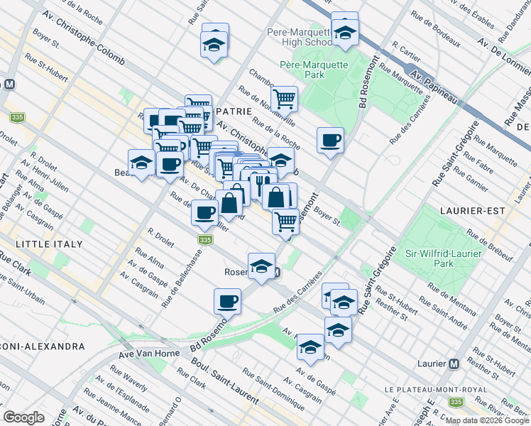 map of restaurants, bars, coffee shops, grocery stores, and more near 5930 Rue Saint-Hubert in Montréal