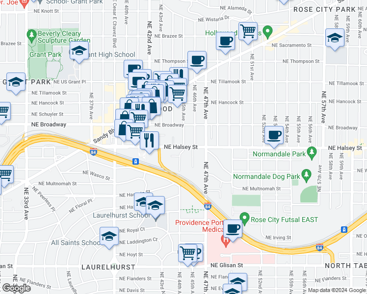 map of restaurants, bars, coffee shops, grocery stores, and more near 1501 NE 45th Ave in Portland