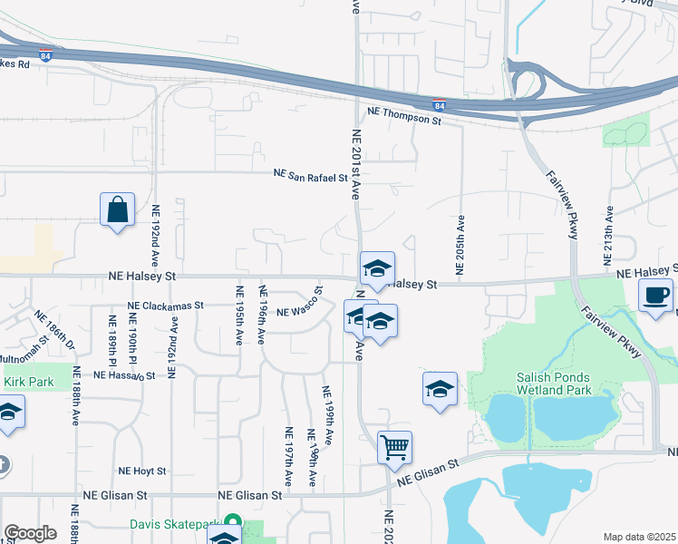 map of restaurants, bars, coffee shops, grocery stores, and more near 19995 Northeast Halsey Street in Portland