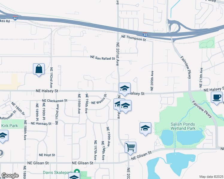 map of restaurants, bars, coffee shops, grocery stores, and more near 19927 Northeast Halsey Street in Portland