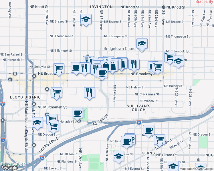 map of restaurants, bars, coffee shops, grocery stores, and more near 1500 Northeast 15th Avenue in Portland
