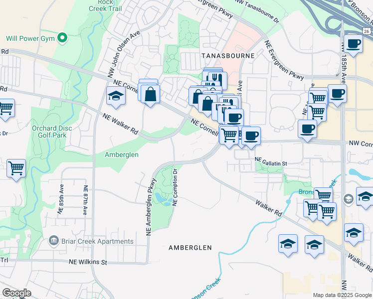map of restaurants, bars, coffee shops, grocery stores, and more near 1915 Northwest Amberglen Court in Hillsboro