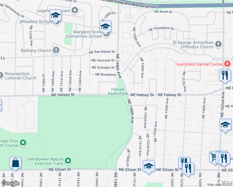 map of restaurants, bars, coffee shops, grocery stores, and more near 14741 Northeast Halsey Street in Portland
