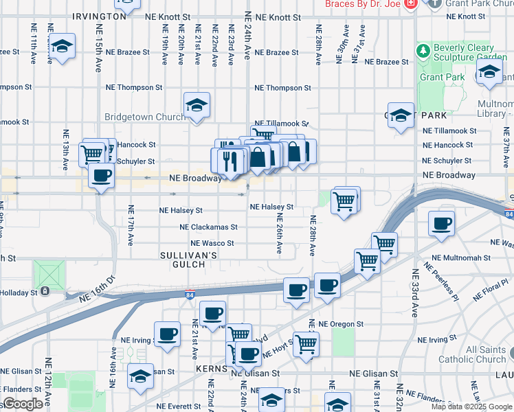 map of restaurants, bars, coffee shops, grocery stores, and more near 2505-2511 Northeast Halsey Street in Portland