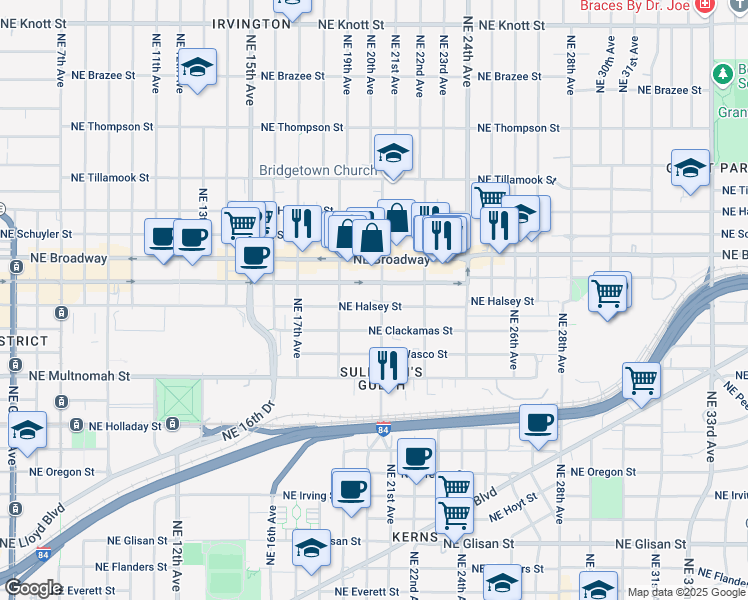 map of restaurants, bars, coffee shops, grocery stores, and more near 1532 Northeast 21st Avenue in Portland