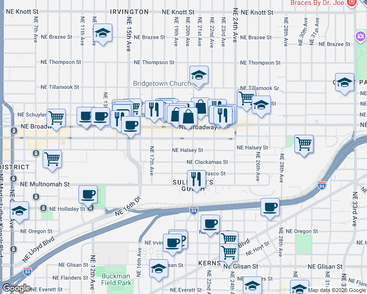 map of restaurants, bars, coffee shops, grocery stores, and more near 1936 Northeast Weidler Street in Portland