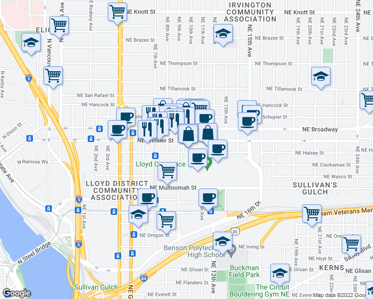map of restaurants, bars, coffee shops, grocery stores, and more near 825 Northeast Weidler Street in Portland