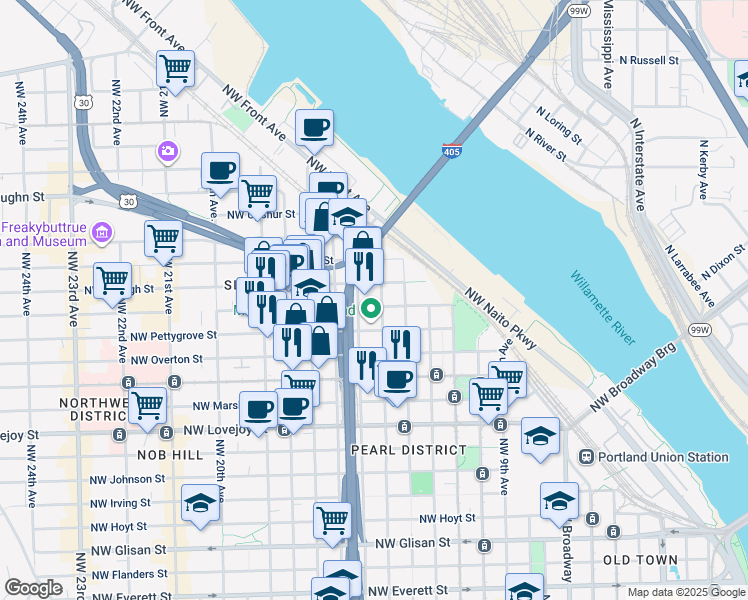 map of restaurants, bars, coffee shops, grocery stores, and more near 1450 Northwest Raleigh Street in Portland
