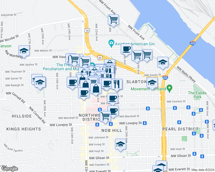map of restaurants, bars, coffee shops, grocery stores, and more near 2170 Northwest Raleigh Street in Portland