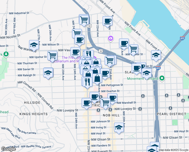 map of restaurants, bars, coffee shops, grocery stores, and more near 1535 Northwest 22nd Avenue in Portland