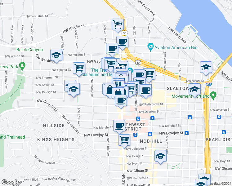 map of restaurants, bars, coffee shops, grocery stores, and more near 2352 Northwest Raleigh Street in Portland