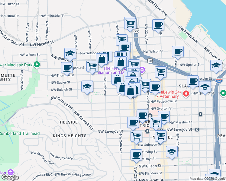 map of restaurants, bars, coffee shops, grocery stores, and more near 2434 Northwest Raleigh Street in Portland