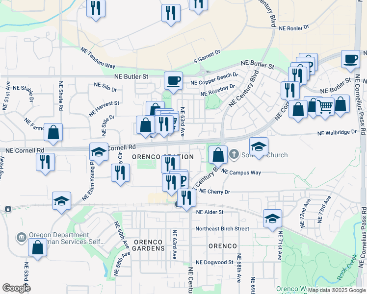 map of restaurants, bars, coffee shops, grocery stores, and more near 6243 Northeast 63rd Way in Hillsboro