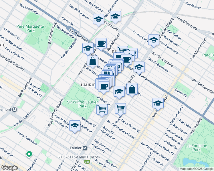 map of restaurants, bars, coffee shops, grocery stores, and more near in Montréal