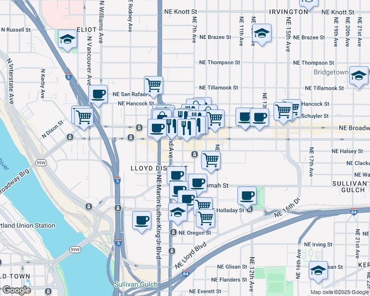 map of restaurants, bars, coffee shops, grocery stores, and more near 603 Northeast Halsey Street in Portland