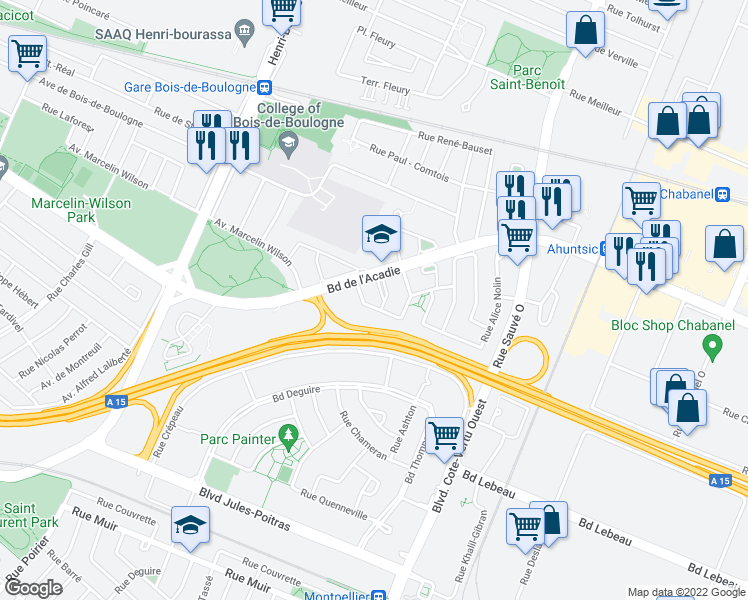 map of restaurants, bars, coffee shops, grocery stores, and more near 2075 Rue Caroline Béique in Montréal