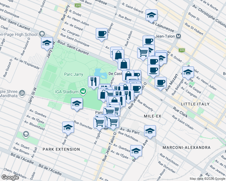 map of restaurants, bars, coffee shops, grocery stores, and more near 176 Rue Gary-Carter in Montrã©Al