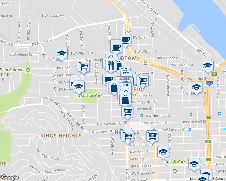 map of restaurants, bars, coffee shops, grocery stores, and more near 1522 Northwest 24th Avenue in Portland